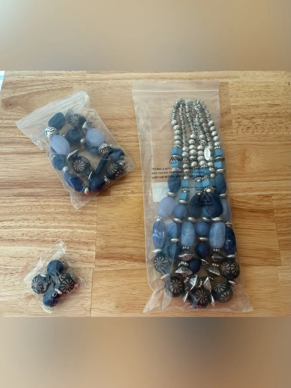 Blue Beaded Multi-Strand Necklace with two bracelets & Matching Earrings Set